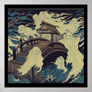 Póster Halloween - Haunted Bridge Woodcut 4