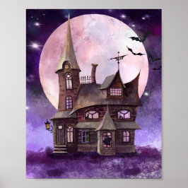 Póster Halloween Haunted House With Moon and Bat Wall Art