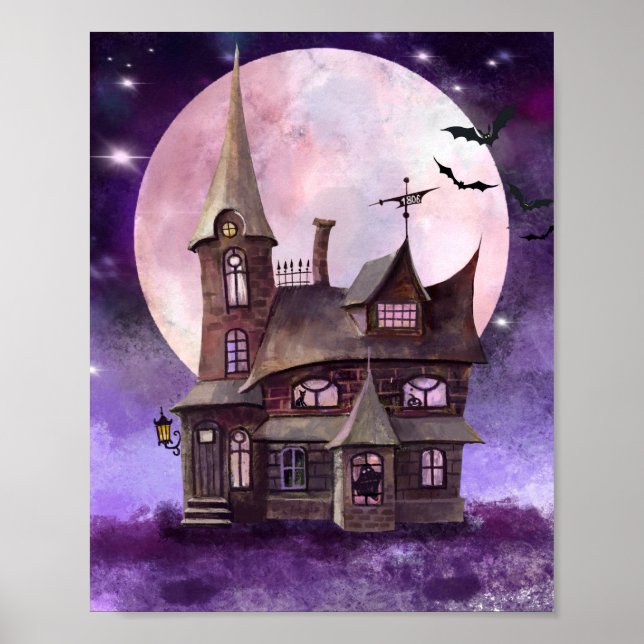 Póster Halloween Haunted House With Moon and Bat Wall Art (Frente)