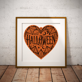 Póster Halloween Heart, Orange Heart Shape, Holiday