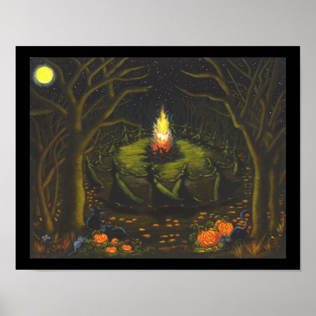Póster Halloween, hoguera, brujas, negro, gato.ratones, b (Frente)