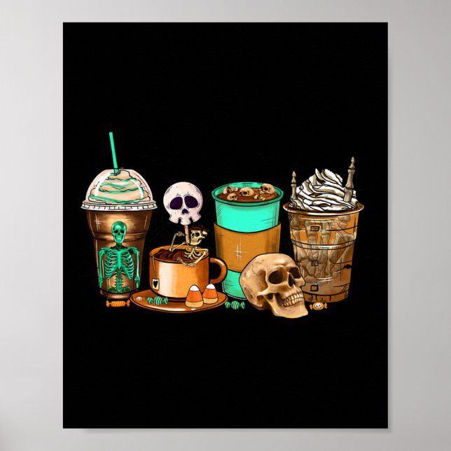 Póster Halloween Horror Latte Café Cups Skeleton A (Frente)