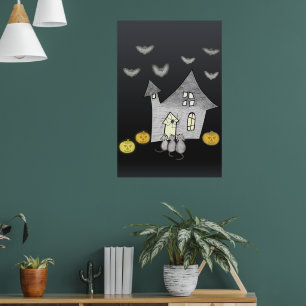 Póster Halloween House, gatos negros, murciélagos, calaba