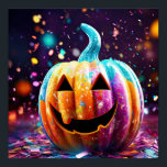 Póster Halloween Jack O’Lantern Neon Pop Art<br><div class="desc">Neón de arte pop de Halloween sonriendo a Jack O’lantern con fondo de confeti morado.</div>
