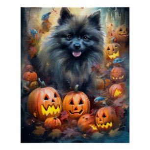 Póster Halloween Keeshond con calabazas aterradoras