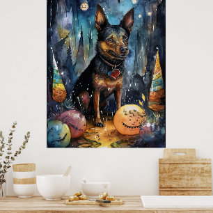 Póster Halloween Kelpie Australiano Con Calabazas Espeluz