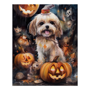 Póster Halloween Lhasa Apso Con Calabazas Temerosas