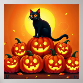 Póster Halloween lindo gato negro y linternas de Jack