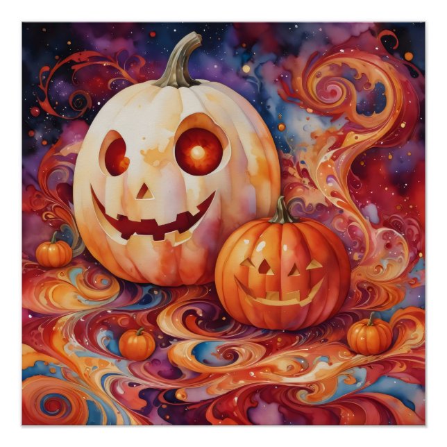 Póster Halloween Magic: Bañeras y calabazas brillantes (Anverso)