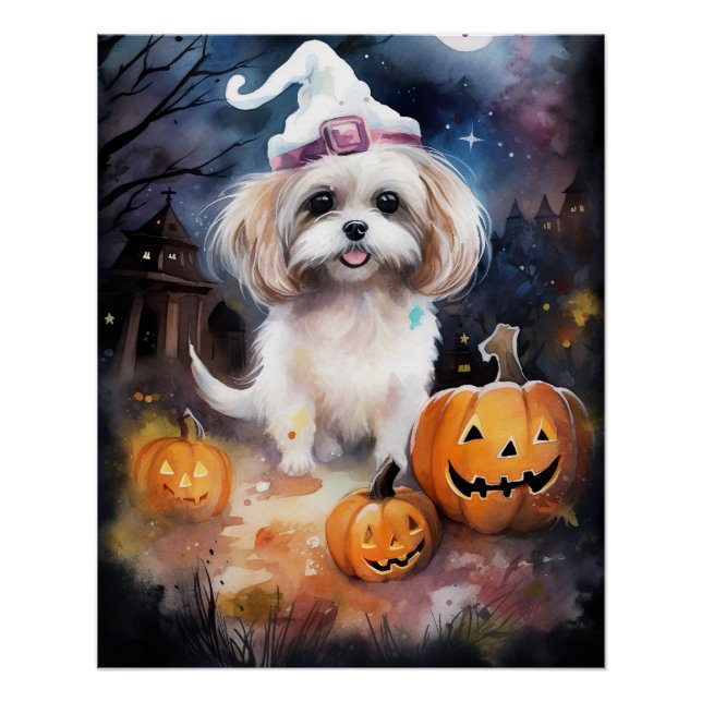 Póster Halloween Malti Tzu con calabazas aterradoras (Anverso)