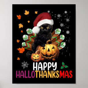 Póster Halloween Negro Gato Feliz Hallothanksmas Feliz Fe