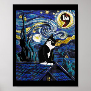 Póster Halloween Noche estrellada Tuxedo Cat Comma La Kam