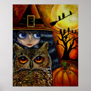Póster Halloween Owl Witch Pumpkins Big Eyes Doll Art