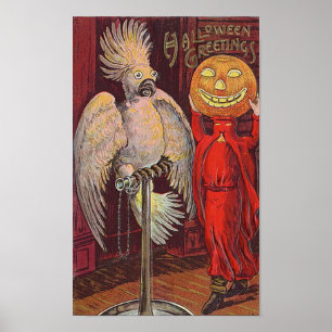 Póster Halloween Parrot and Pumpkin