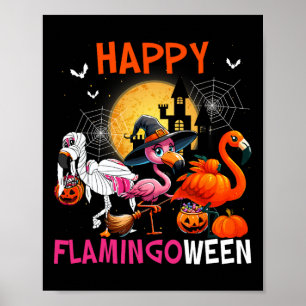 Póster Halloween Pink Flamingo Costume Skeleton Bruja