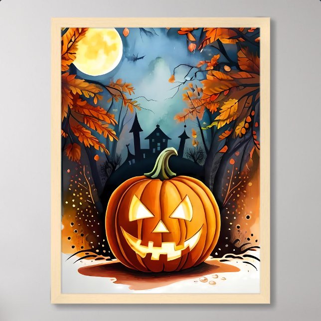 Póster halloween pintura temible calabaza brillante luz d (halloween painting scary glowing pumpkin moonlight)