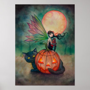 Póster Halloween Pixie Fairy and Black Cat Fantasy Art