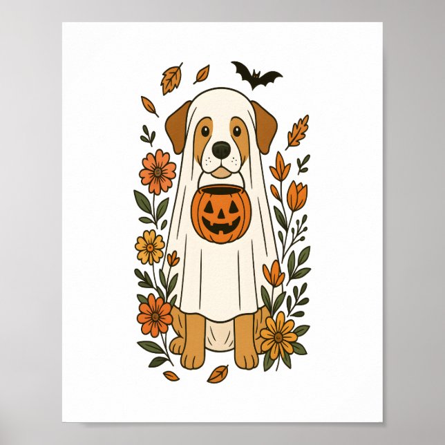 Póster Halloween Poodle con flores de otoño (Frente)