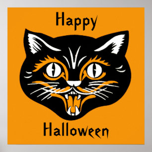 Póster Halloween Poster de la cara del gato vintage