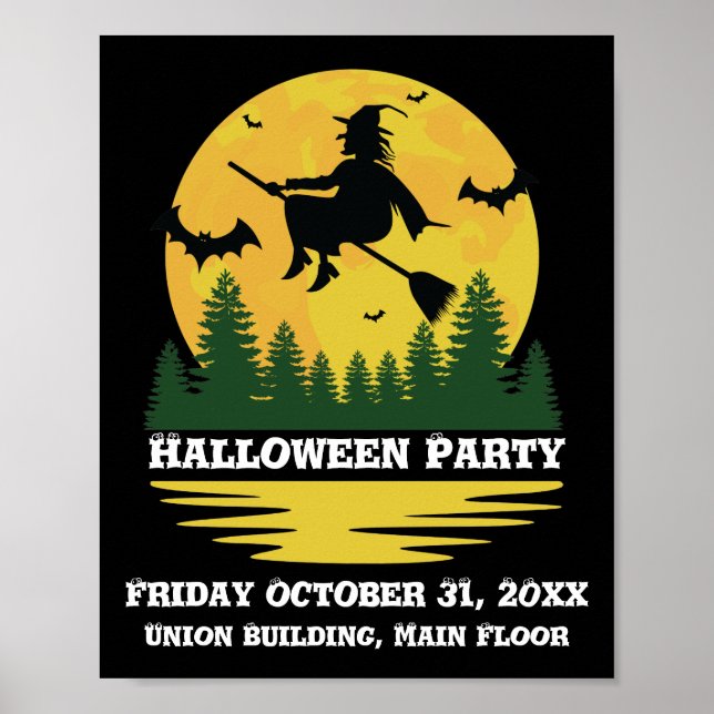 Póster Halloween Precaución Bruja Cruzando Broomstick Vol (Frente)