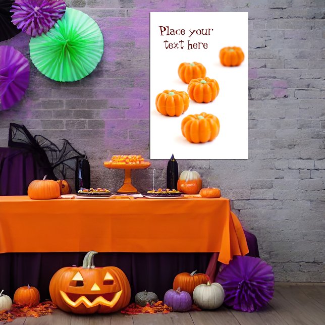 Póster Halloween pumpkin candy (Halloween poster with a group of orange candies in shape of pumpkins )