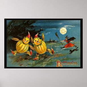 Póster Halloween Pumpkin Characters and Witch