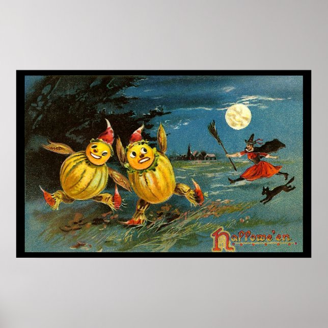 Póster Halloween Pumpkin Characters and Witch