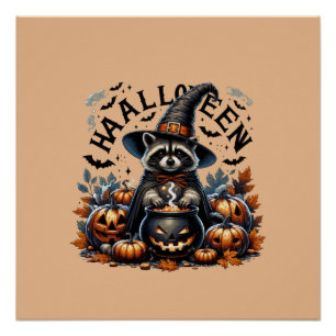 Póster  Halloween Raccoon Witch with Pumpkin Cauldron