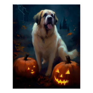 Póster Halloween Saint Bernard con calabazas aterradoras