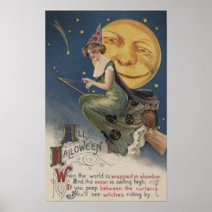 Póster Halloween saludo a Witch en vuelo