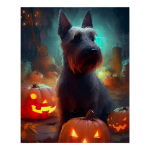 Póster Halloween Scottish Terrier con calabazas aterrador