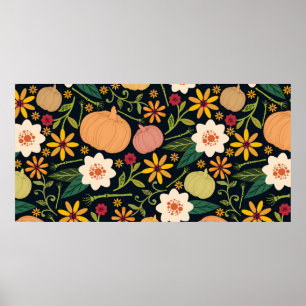 Póster Halloween seamless pattern with flowers,pumpkins a