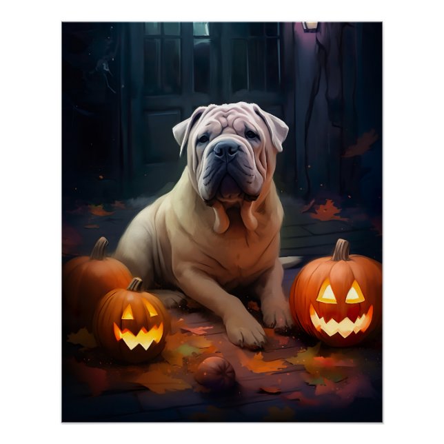 Póster Halloween Shar Pei con calabazas aterradoras (Anverso)