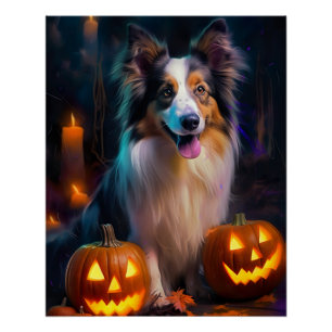 Póster Halloween Shetland Sheepdog con calabazas asustada