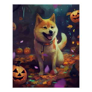 Póster Halloween Shiba Inu con calabazas aterradoras