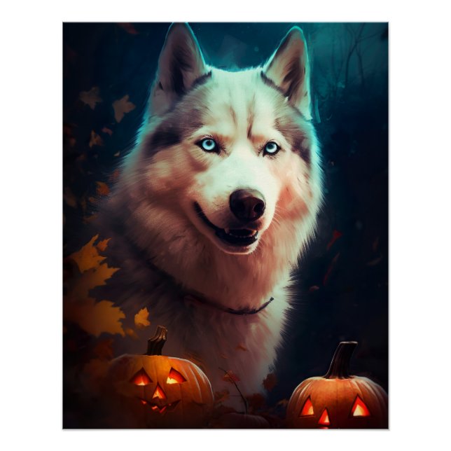Póster Halloween Siberian Husky Con Calabazas Asustadas (Anverso)