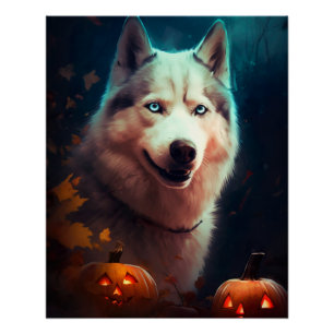 Póster Halloween Siberian Husky con calabazas espeluznant