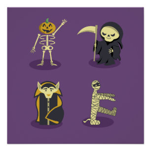Póster Halloween Skeleton Dracula Mummy Grim Reaper