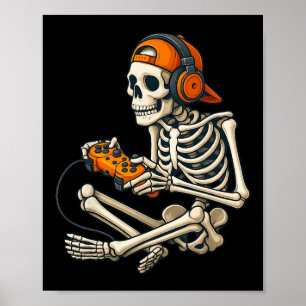 Póster Halloween Skeleton Gamer Auriculares Video Gaming 
