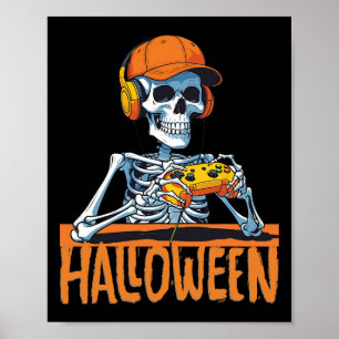Póster Halloween Skeleton Gamer Gracioso Video Gaming Boy