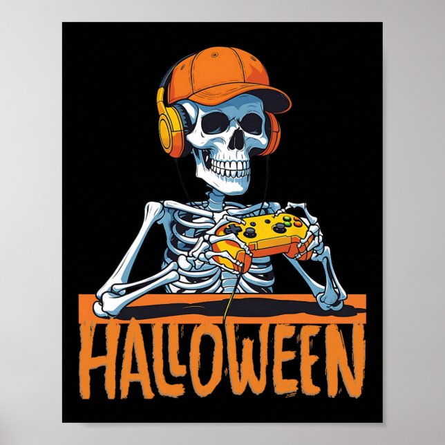 Póster Halloween Skeleton Gamer Gracioso Video Gaming Boy (Frente)