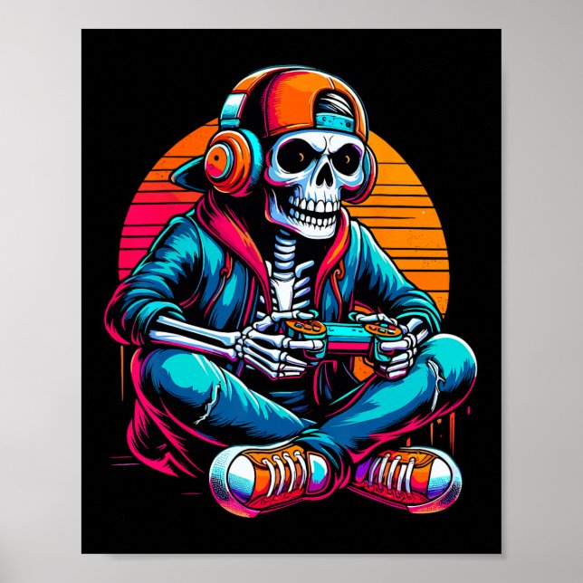Póster Halloween Skeleton Gamer Video Gaming  (Frente)