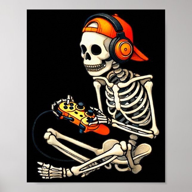 Póster Halloween Skeleton Gamer Video Gaming Boys Men Kid (Frente)