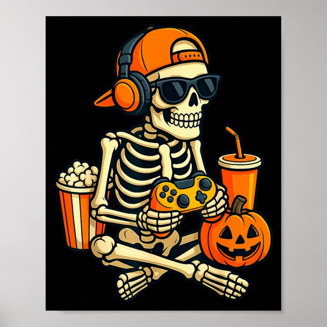 Póster Halloween Skeleton Gamer Video Gaming Boys Men Kid (Frente)
