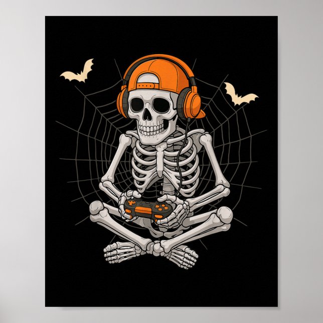 Póster Halloween Skeleton Gamer Video Gaming Funny Skelet (Frente)