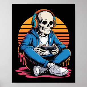 Póster Halloween Skeleton Gamer Video Juegos de Niños Hom