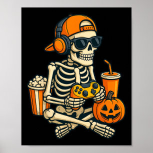 Póster Halloween Skeleton Gamer Video Juegos de Niños Hom