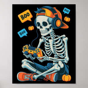 Póster Halloween Skeleton Gamer Video Juegos de Niños Hom