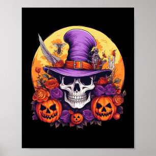 Póster Halloween Skeleton Gorra púrpura Naranja Correa Fl