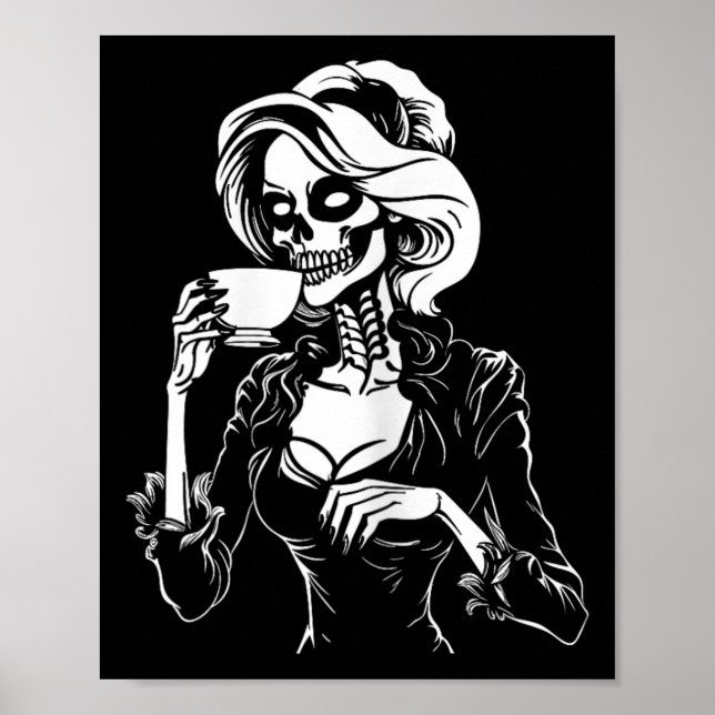 Póster Halloween Skeleton Lazy Skull Consumo de café (Frente)